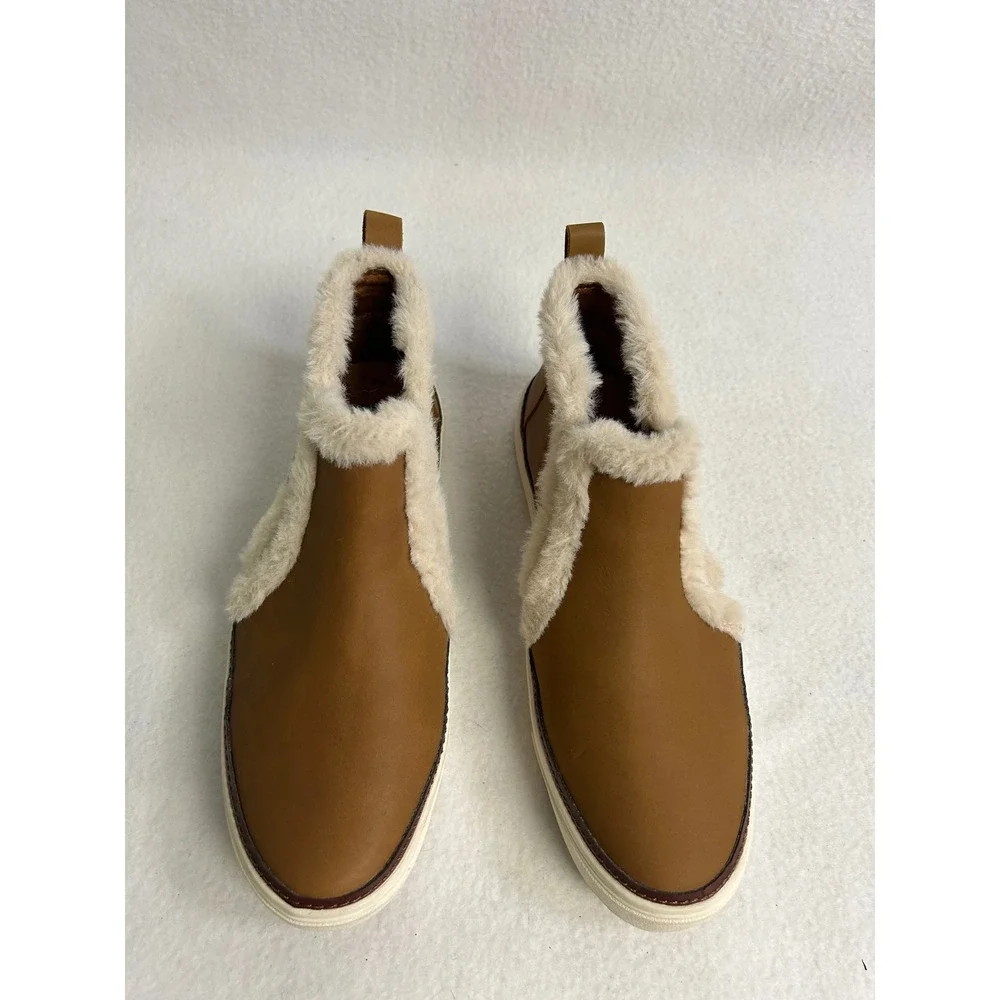Cozy Winter Gorpcore TOMS Womens 8 Brown Faux Fur Leather Slip On Bootie Sneaker